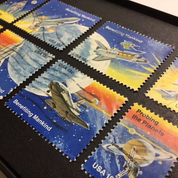 Benefiting Mankind - Space Theme Framed Vintage Stamps 4x6 - Picture 2 of 3